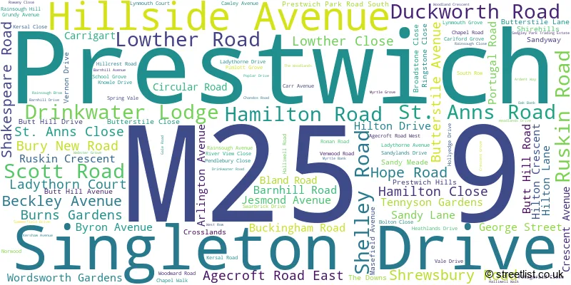 A word cloud for the M25 9 postcode